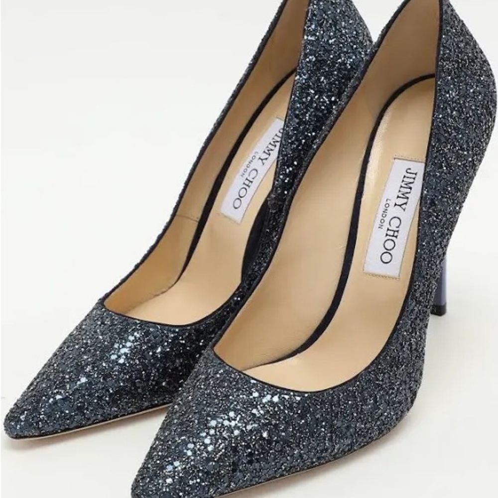 Jimmy Choo Glitter Pointed-Toe Stiletto Pumps in Sparkling Navy - Picture 2 of 8